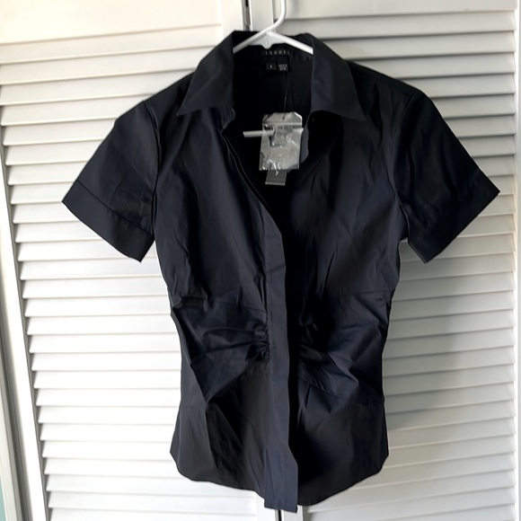 Theory Tops - NWT Theory Button Down Short sleeve black shirt ruffled size P